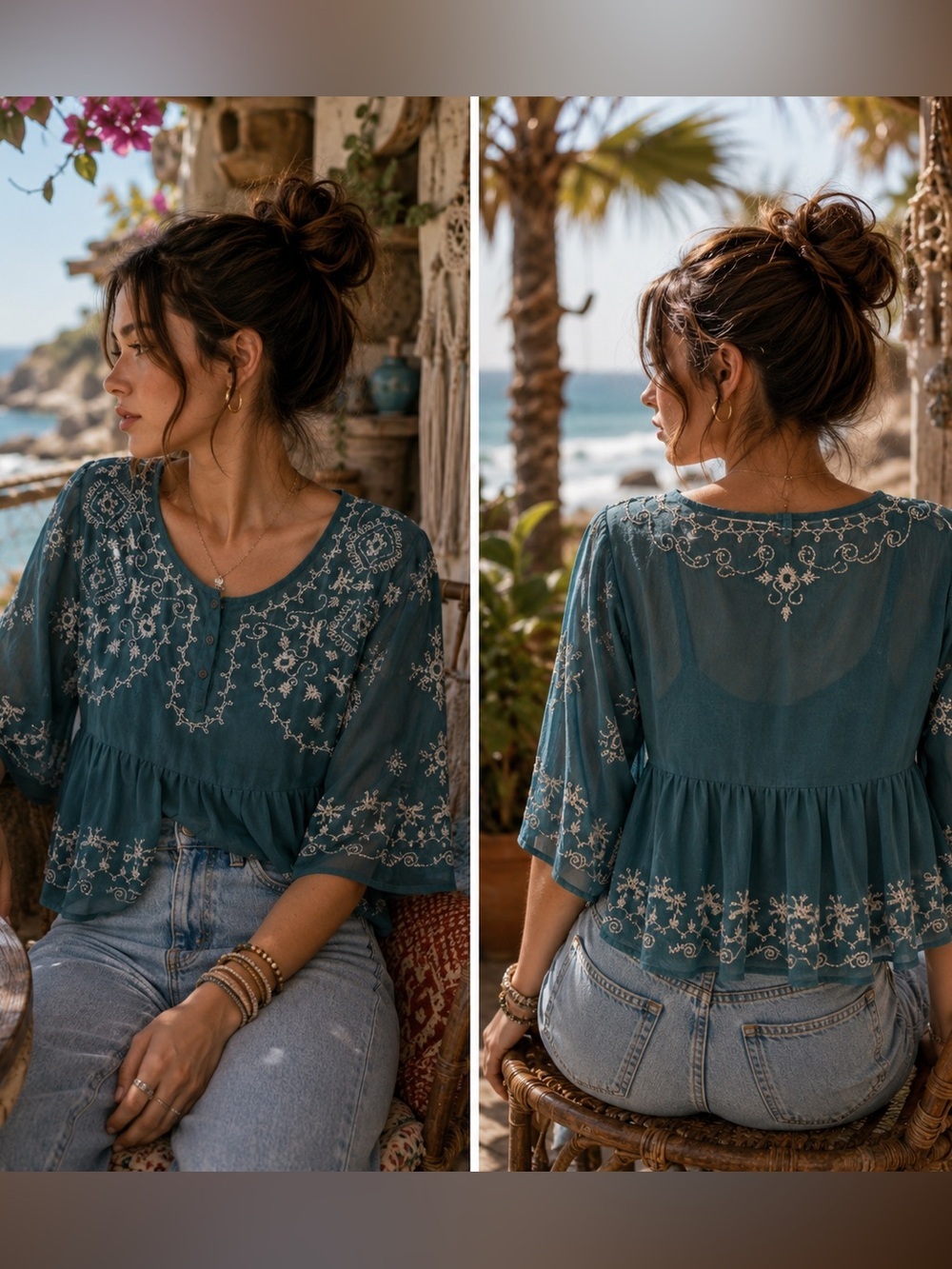 Free People Teal Blue Sheer Embroidered Boho Bohemian Blouse Size Small